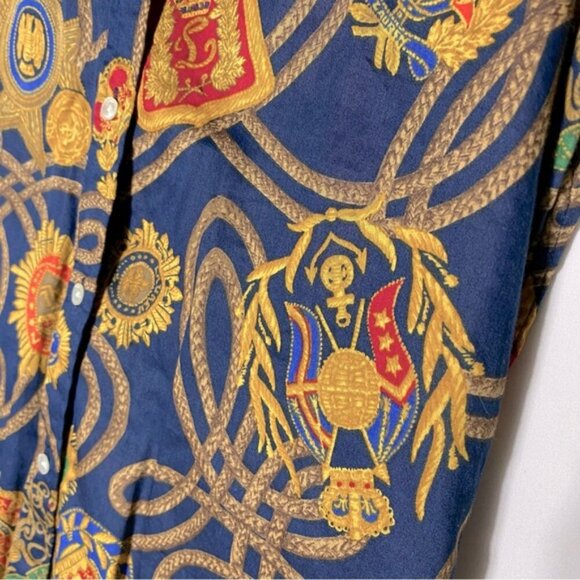 Lauren Ralph Lauren Blue Gold All Over Print Long Sleeve Button Up Shirt XSP - Picture 5 of 11